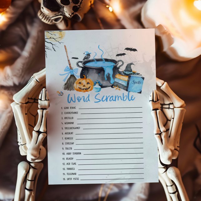 Blue Baby is Brewing Witch Word Scramble Game (Boy Halloween Baby Shower Word Scramble Game)