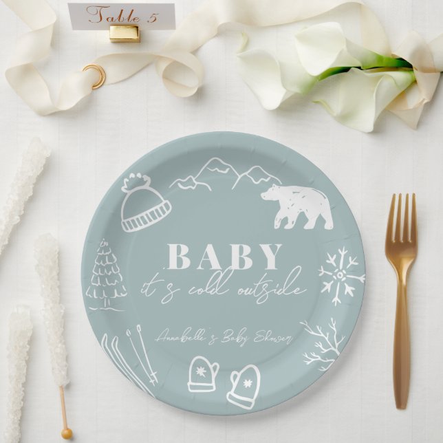 Blue Baby It's Cold Outside Hand-drawn Baby Shower Paper Plate (Wedding)