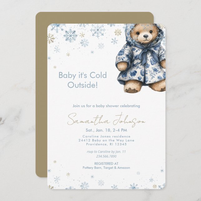 Blue Baby It's Cold Outside Teddy Bear Invitation (Front/Back)