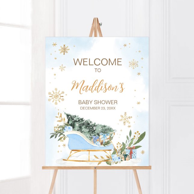 Blue Baby It's Cold Outside Welcome Poster (Gold Snowflake Baby Shower Welcome Sign)