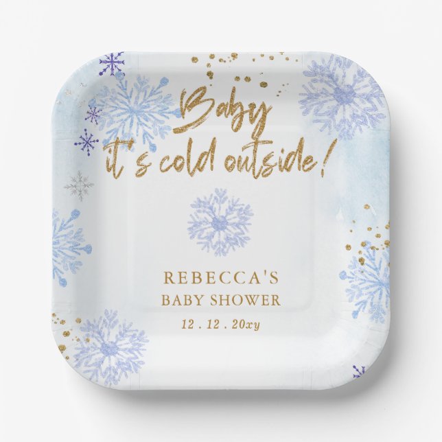 Blue Baby its Cold Outside Winter Baby Shower Paper Plate (Front)