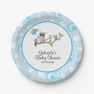 Blue Baby Owl Baby Shower Theme Paper Plate