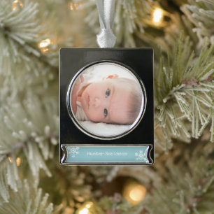 Blue Baby Photo Christmas Silver Plated Banner Ornament