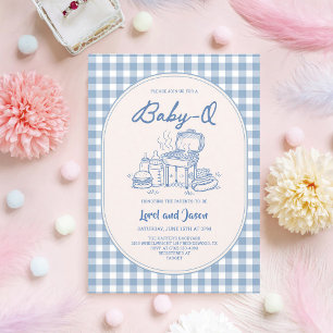 Blue Baby Q BBQ Cookout Coed Baby Shower Invitation