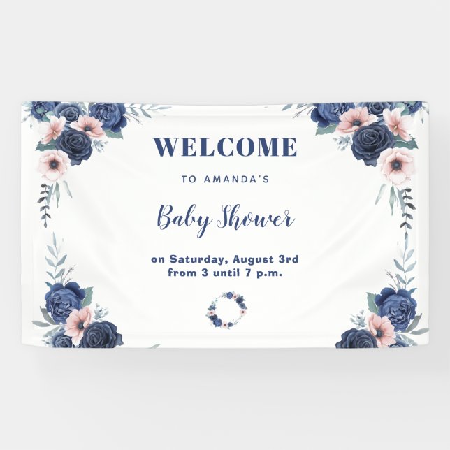 Blue Baby-Q Floral Rose Pastel BBQ Baby Shower Banner (Horizontal)