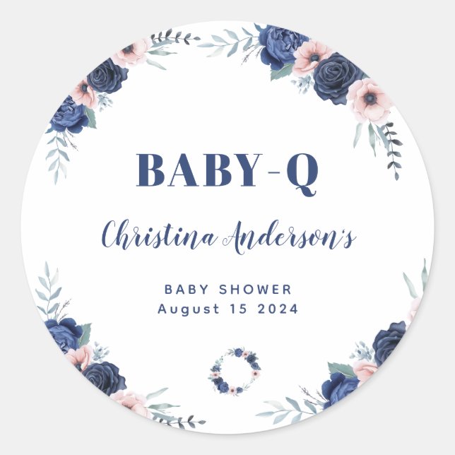 Blue Baby-Q Floral Rose Pastel BBQ Baby Shower Classic Round Sticker (Front)
