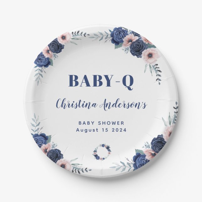 Blue Baby-Q Floral Rose Pastel BBQ Baby Shower Paper Plate (Front)