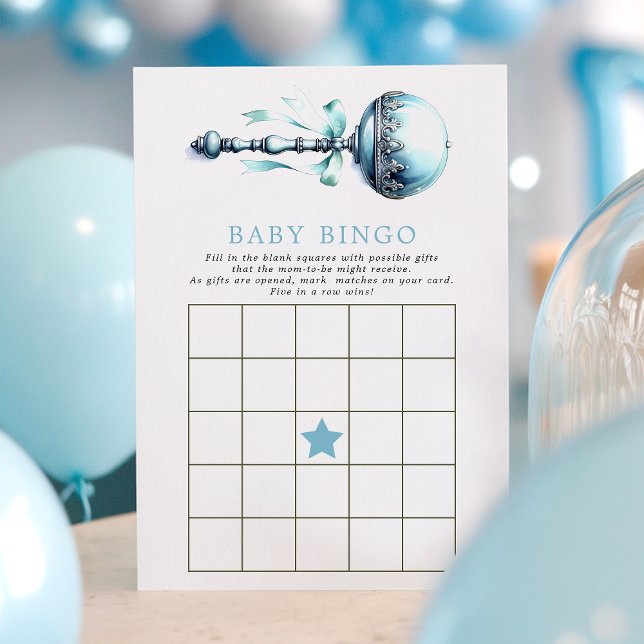 Blue Baby Rattle Boy Baby Shower Bingo Game Card (Creator Uploaded)