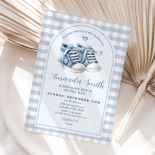 Blue Baby Shoes Boy Booties Plaid Arch Baby Shower Invitation