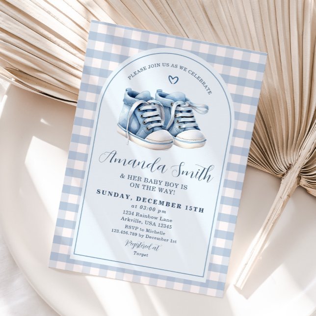 Blue Baby Shoes Boy Booties Plaid Arch Baby Shower Invitation (Creator Uploaded)