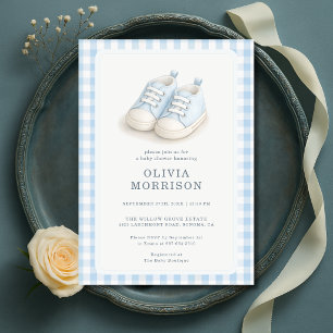 Blue Baby Shoes Boy Gingham Baby Shower Invitation