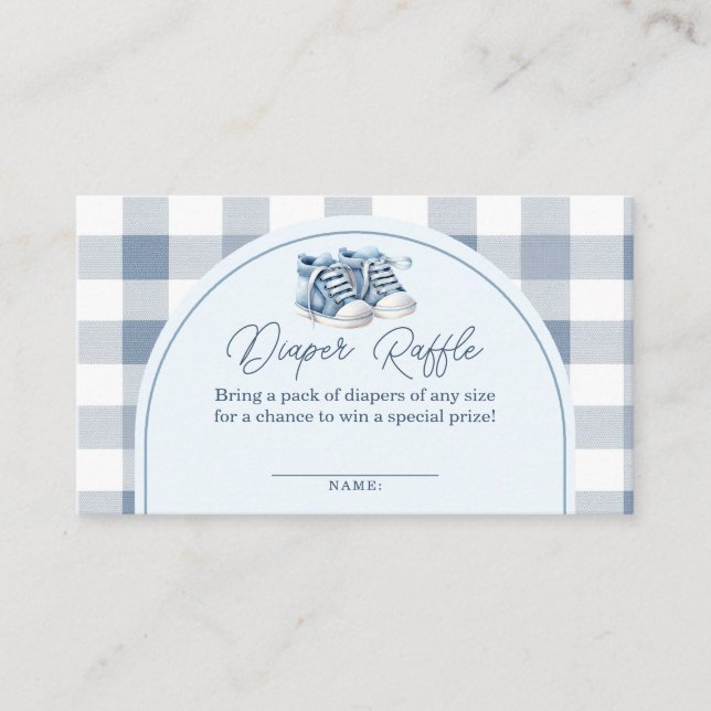 Blue Baby Shoes Gingham Baby Shower Diaper Raffle Enclosure Card (Front)
