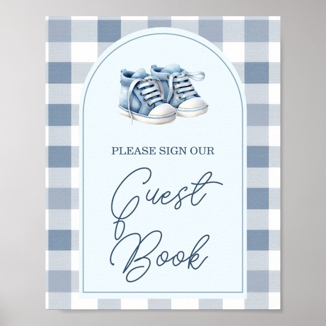 Blue Baby Shoes Gingham Baby Shower Guest Book (Front)
