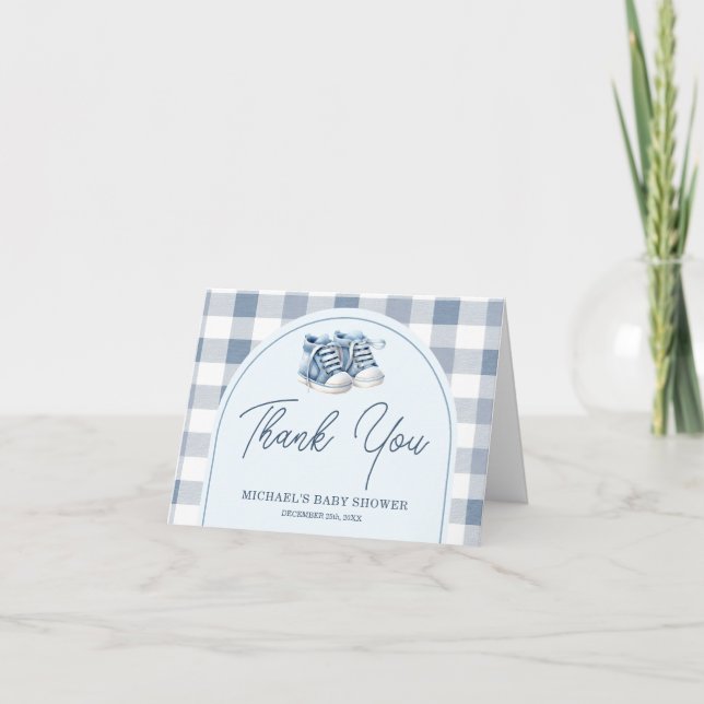 Blue Baby Shoes Gingham Booties Baby Shower Folded Thank You Card (Front)