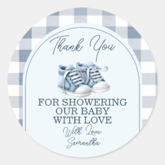 Blue Baby Shoes Gingham Boy Baby Shower Thank You Classic Round Sticker