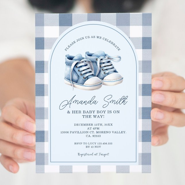 Blue Baby Shoes Gingham Boy Booties Baby Shower Invitation (Creator Uploaded)