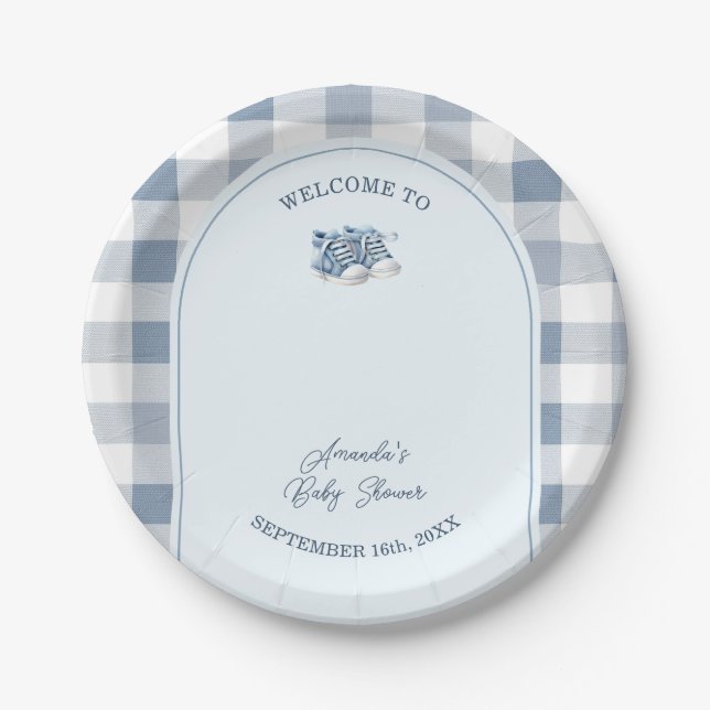 Blue Baby Shoes Gingham Boy Booties Baby Shower Paper Plate (Front)