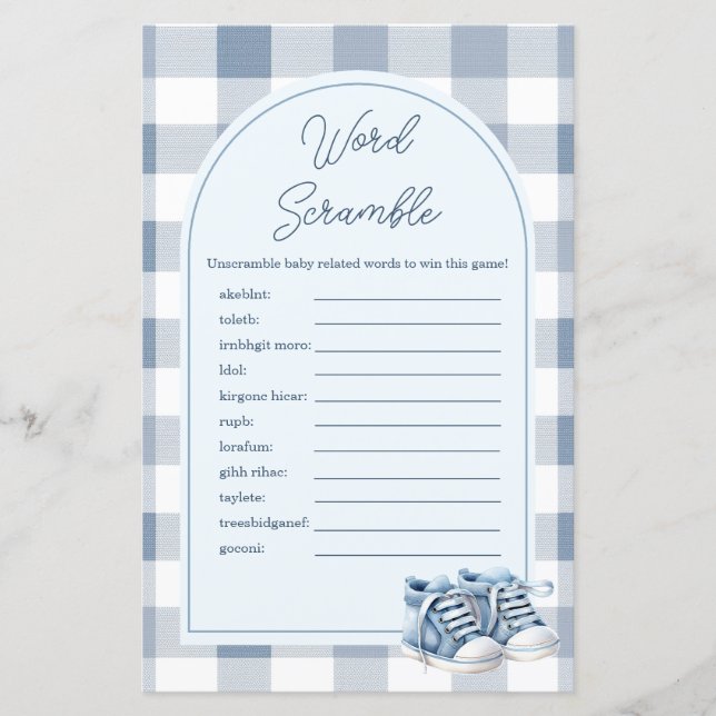 Blue Baby Shoes Gingham Word Scramble Game (Front)