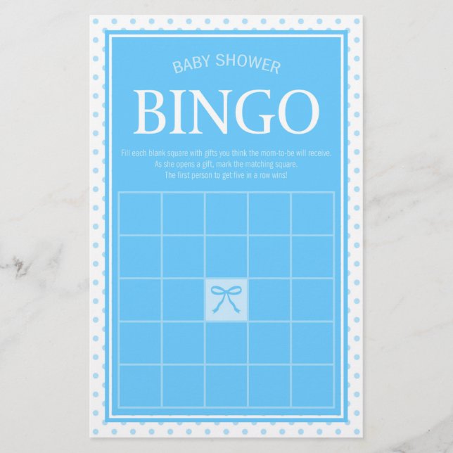Blue Baby Shower Bingo Polka Dots and Ribbon Stationery (Front)