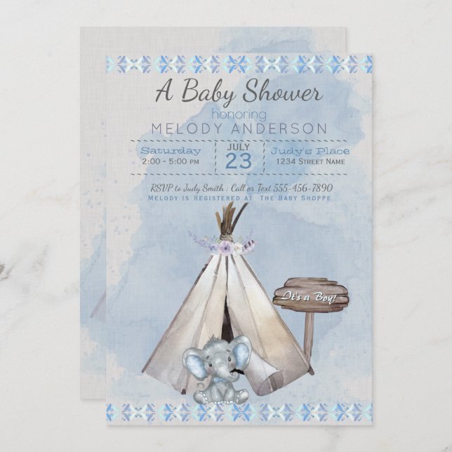 Blue Baby Shower Boho Baby Elephant & Tipi Invitation (Front/Back)