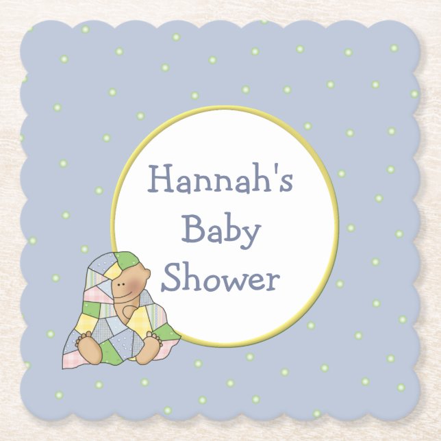 Blue Baby Shower Custom Paper Coasters (Front)