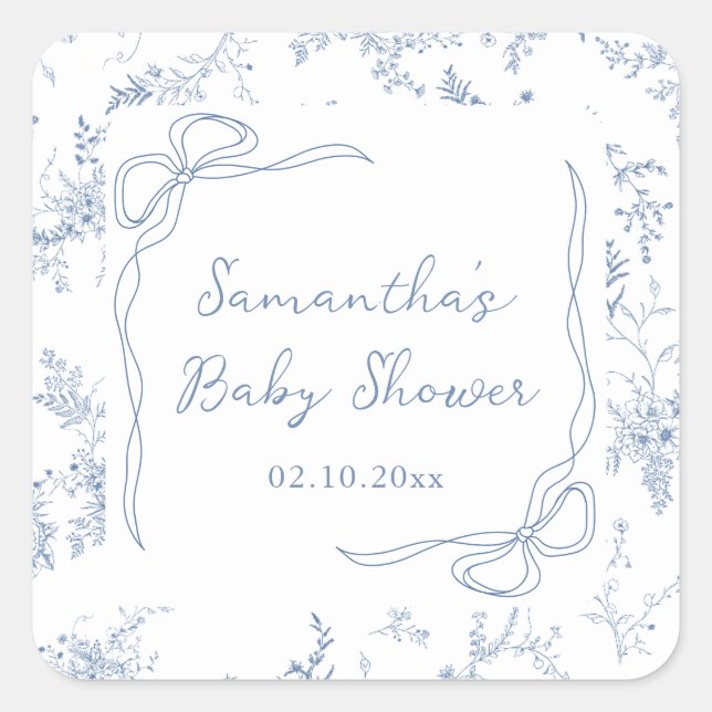 Blue Baby Shower Floral Bow Square Sticker (Front)