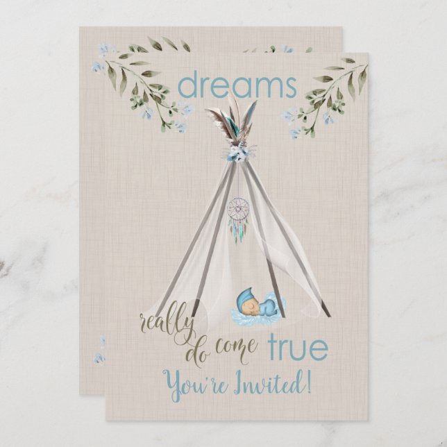 Blue Baby Shower for Boys  Boho DreamCatcher Tipi Invitation (Front/Back)