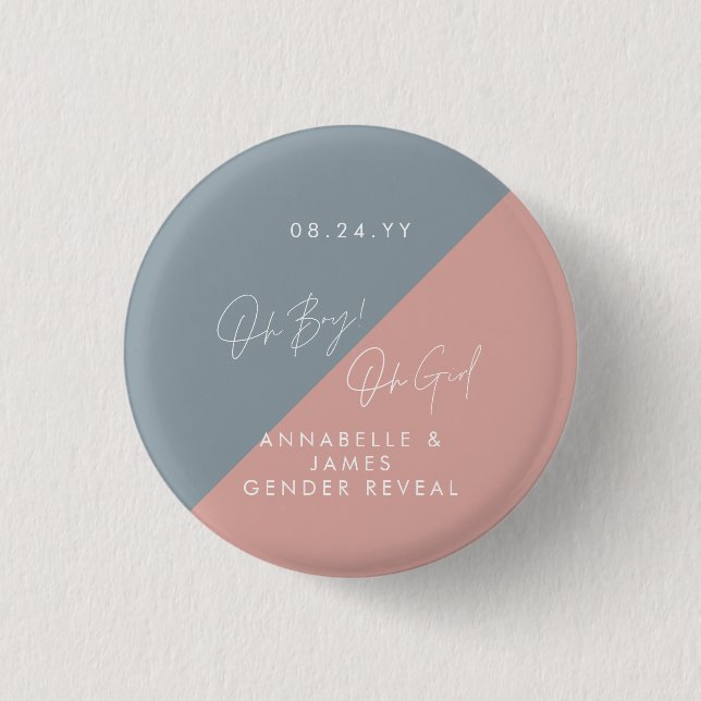 blue baby shower gender reveal 3 cm round badge (Front)