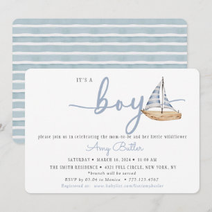 Blue Baby Shower Invitation with Sailboat & Stripe