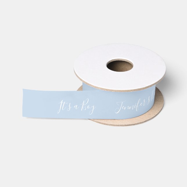 Blue Baby Shower It's a Boy Modern White Script Satin Ribbon (Spool)