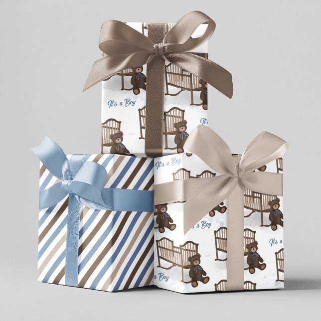 Blue Baby Shower It's A Boy Teddy Bear  Wrapping Paper Sheet (Baby shower "it's a Boy" wrapping paper set)