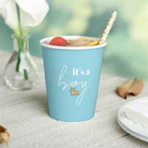 Blue Baby Shower Paper Cups With a Corgi Design