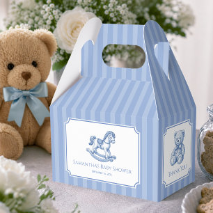 Blue Baby Shower Rocking Horse Teddy Bear Stripes Favour Box
