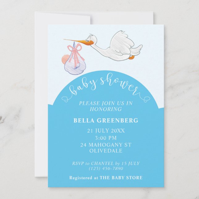 Blue Baby Shower Stork Invitation (Front)