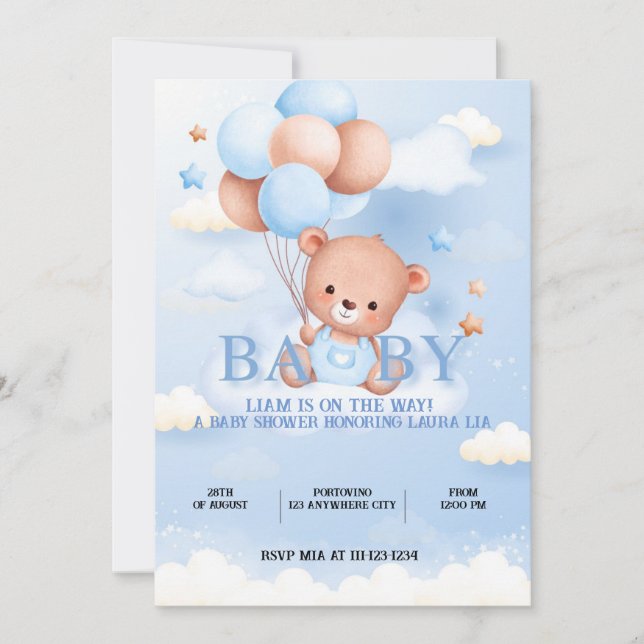 Blue baby shower teddy bear blue invitation (Front)