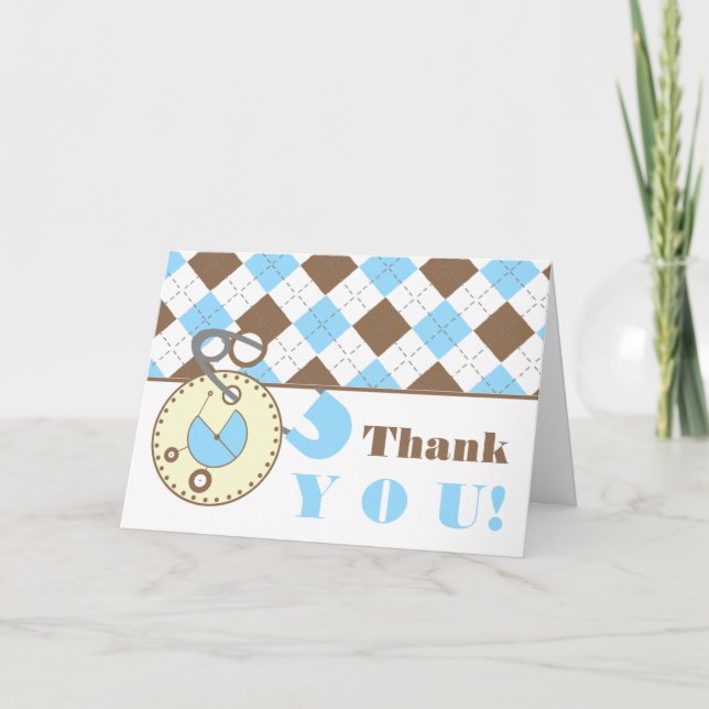 Blue Baby Shower Thank You -Diaper Pin & Argyle (Front)