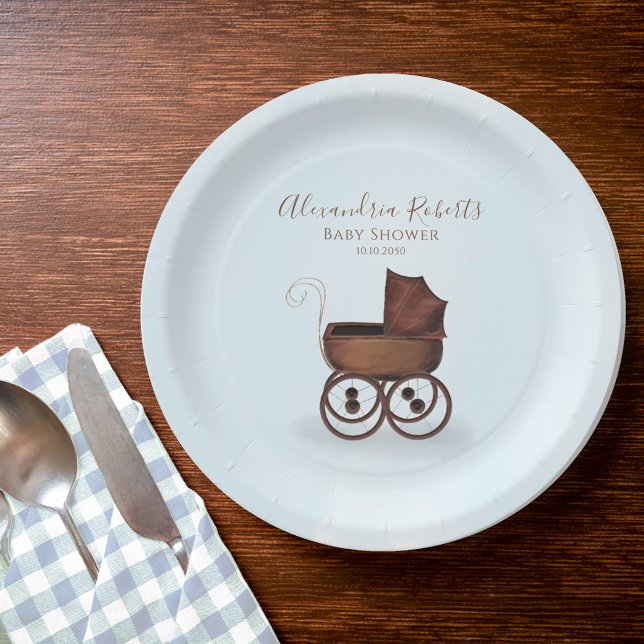 Blue Baby Shower Vintage Personalised Paper Plate (Boy Baby shower vintage carriage custom paper plate. )