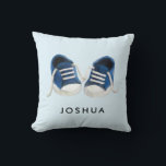 Blue Baby Sneakers Pillow, with Name, for Nursery Cushion<br><div class="desc">Is there anything quite as sweet as the pitter patter of little feet? The design features my original painting of classic baby sneakers. Please contact me if you need help customising your order.</div>