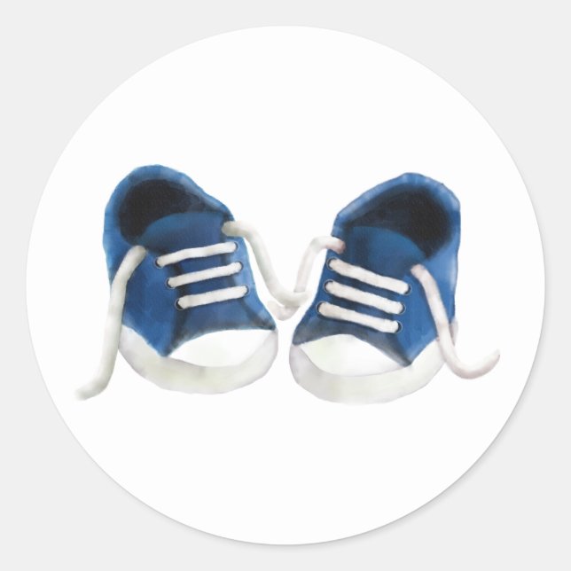 Blue Baby Sneakers Sticker, Baby Shower Gift Tag (Front)