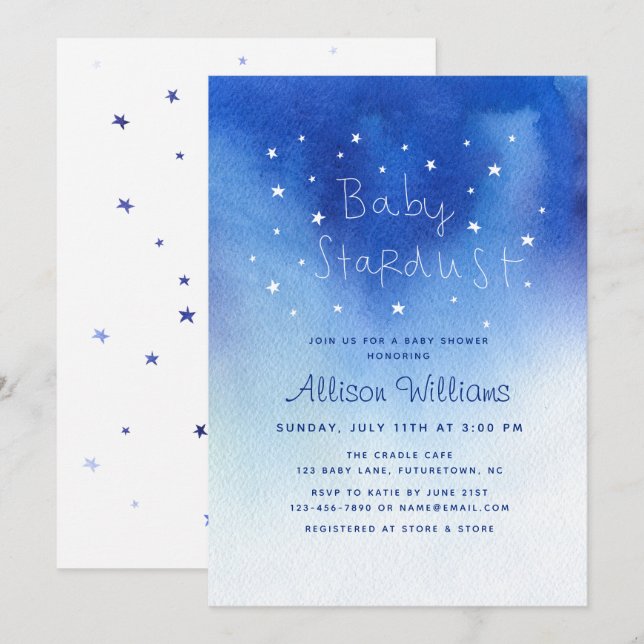Blue Baby Stardust Sky Star Watercolor Baby Shower Invitation (Front/Back)