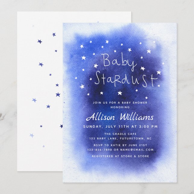 Blue Baby Stardust Stars Watercolor Baby Shower Invitation (Front/Back)