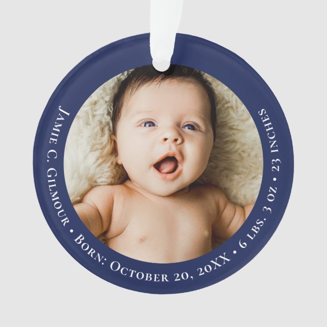 Blue Baby's First Christmas 1 photo Birth date Ornament (Front)