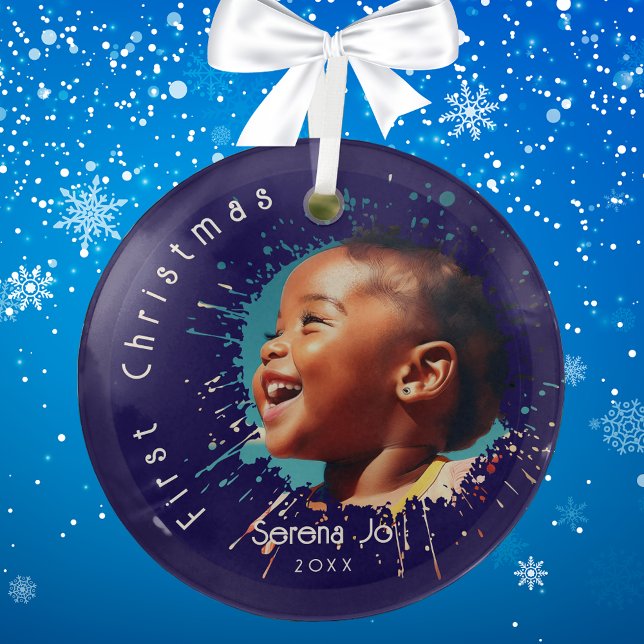 Blue Baby's First Christmas Splatter Pattern  Glass Tree Decoration (Creator Uploaded)