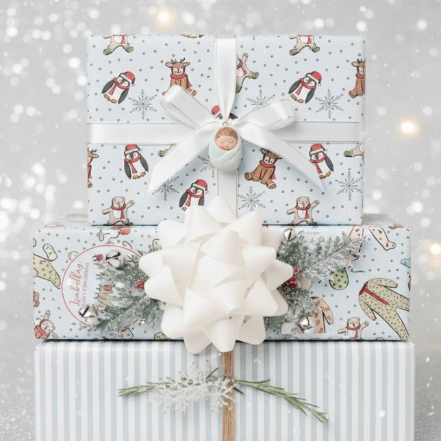 Blue Babys First Christmas Winter Pyjamas Wrapping Paper Sheet (Baby First Christmas Wrapping Paper for Baby Boy. Winter Pajamas, Animals & Stripes Pattern for Kids)