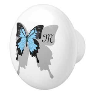 Blue Backed Butterfly Shadow Monogram Ceramic Knob