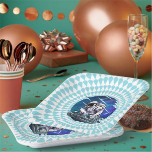 Blue Background Astronaut DJ Music Space Paper Plate