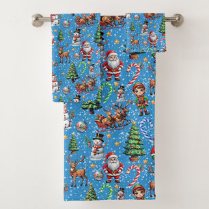 Blue Background Christmas Decorative Pattern Bath Towel Set