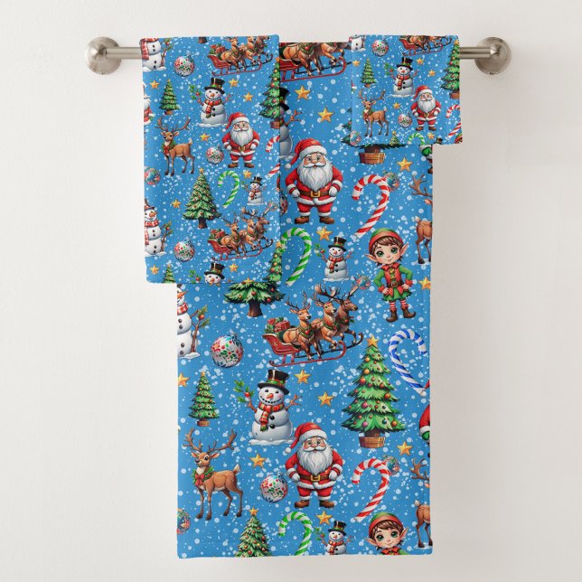 Blue Background Christmas Decorative Pattern Bath Towel Set (Creator Uploaded)
