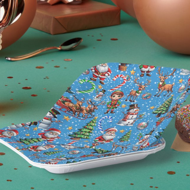 Blue Background Christmas Decorative Pattern Paper Plate (Creator Uploaded)