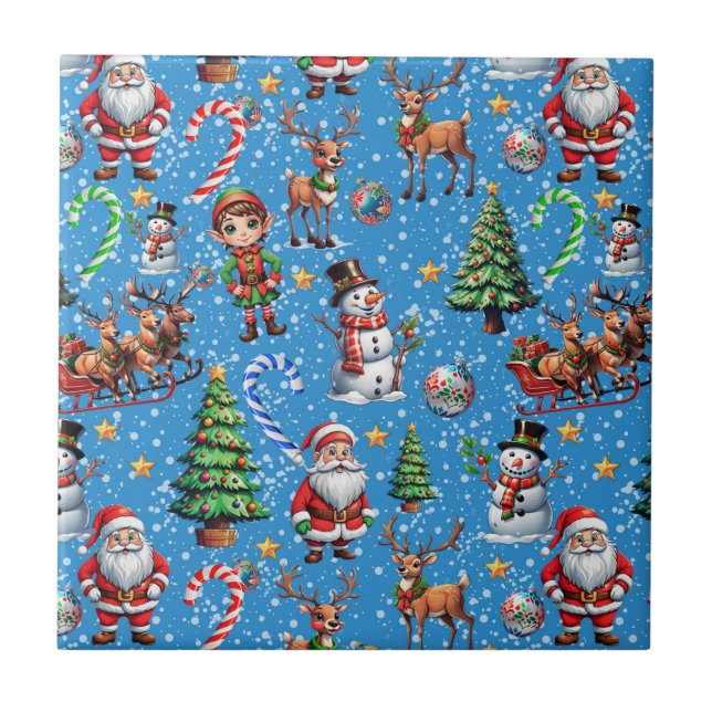 Blue Background Christmas Decorative Pattern Tile (Front)